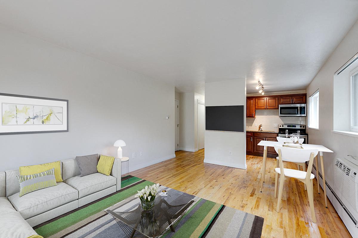 a living room with a couch and a table