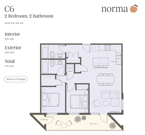 A floor plan for a C6 2 Bedroom, 2 Bathroom suite at Norma.