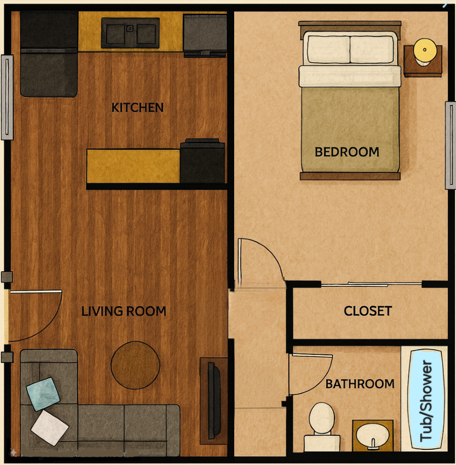 A floor plan of a small apartment with a kitchen, living room, bedroom, closet, and bathroom.