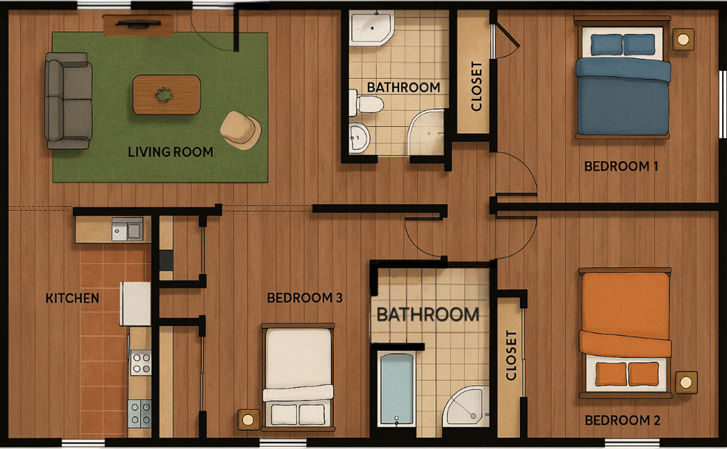 A floor plan of a house with three bedrooms, a living room, a kitchen, and two bathrooms.