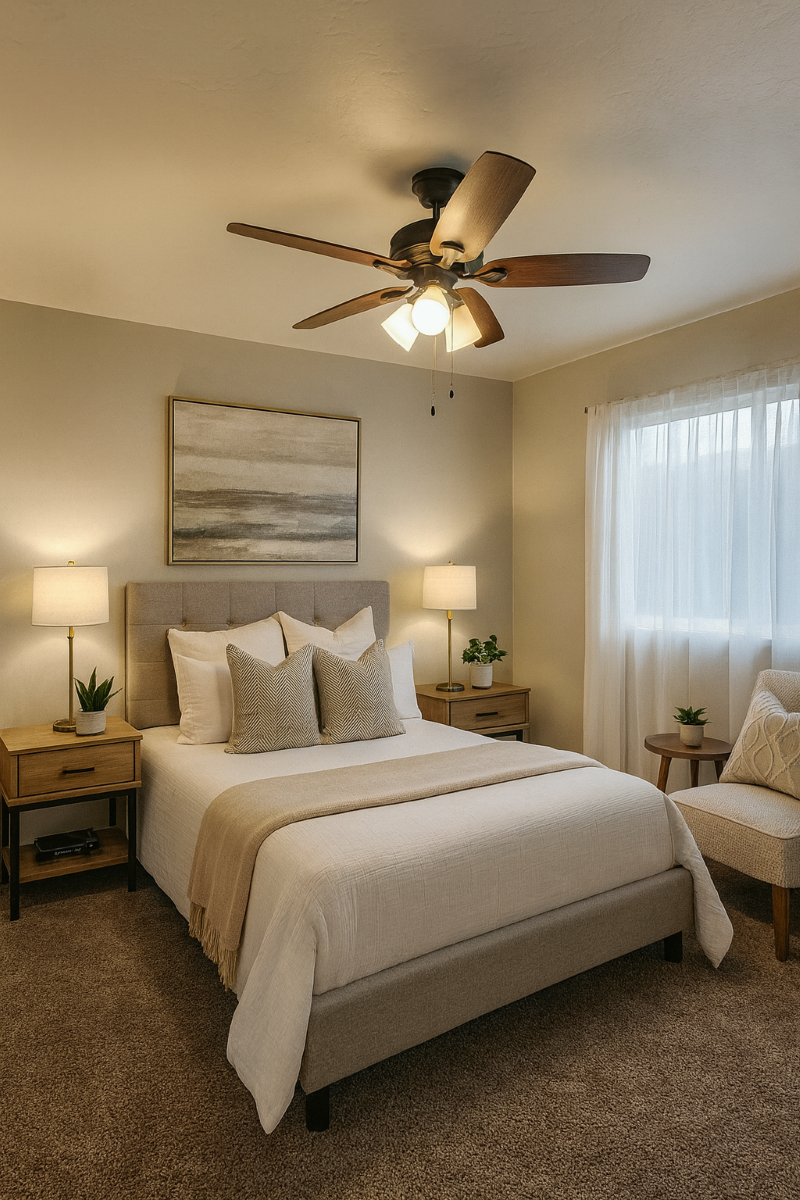 A bedroom with a large bed and a ceiling fan.