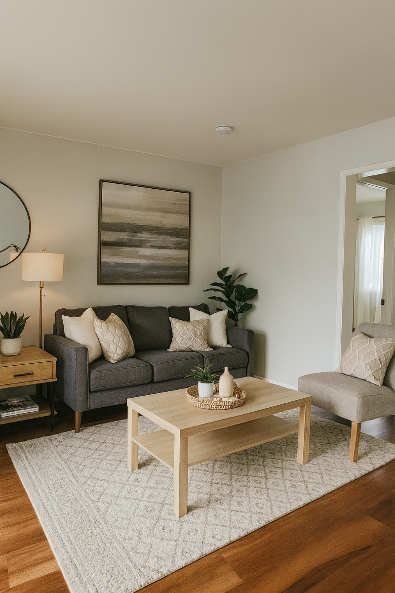 A living room with a grey couch, a wooden coffee table, and a plant.