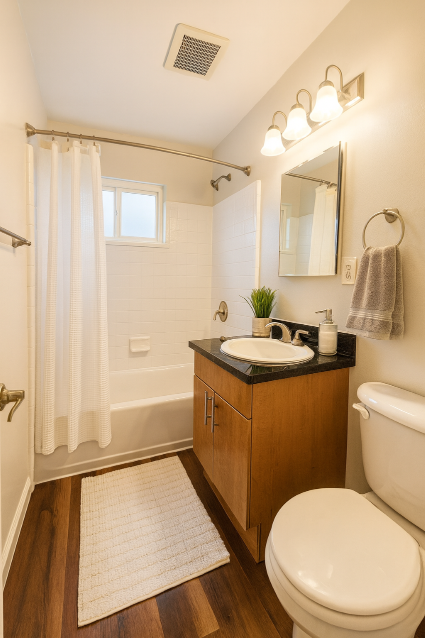 A bathroom with a toilet, sink, and shower.