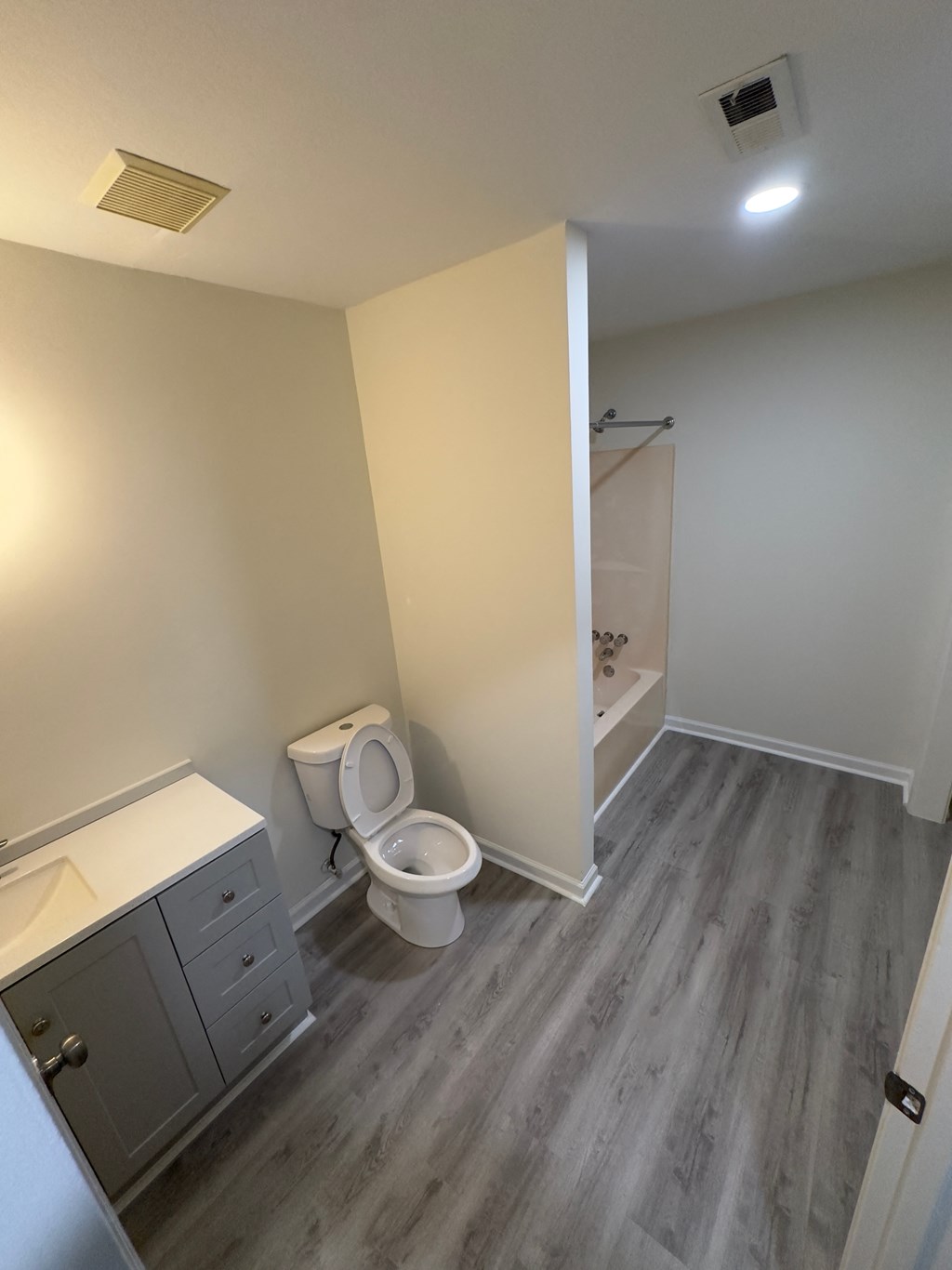 A bathroom with a toilet, sink, and wood flooring.