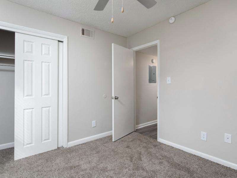 A room with a carpeted floor and two doors, one of which is open.