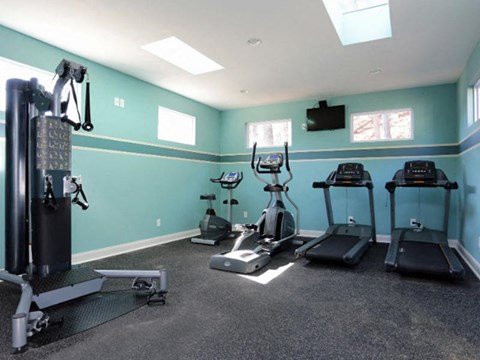 A home gym with a treadmill, elliptical trainer, and a weight machine.