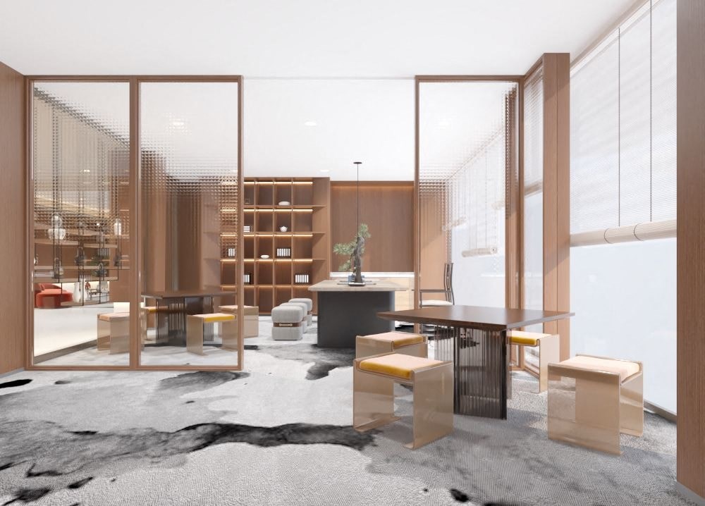 A modern room with a glass wall and a table with chairs.