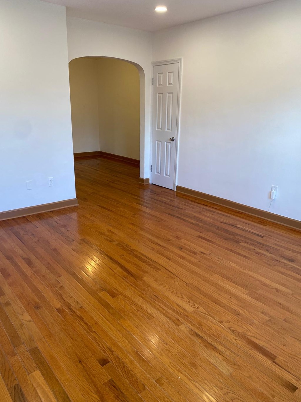 A room with a wooden floor and a white door.