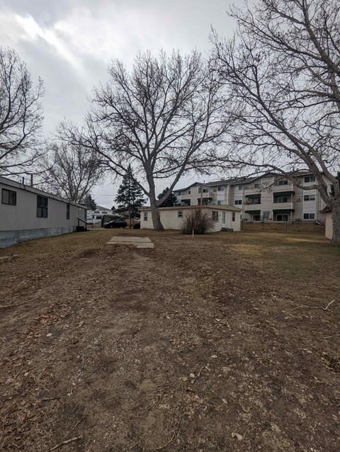 A field with apartment buildings in the background.