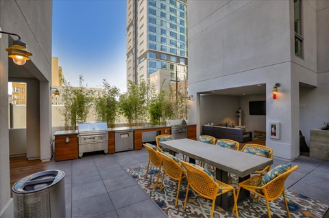 A patio with a table and chairs.is surrounded by buildings.