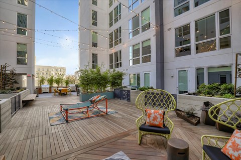 A patio with a table and chairs. is surrounded by buildings.