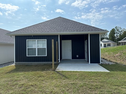 A small house with a dark blue exterior and a white door.