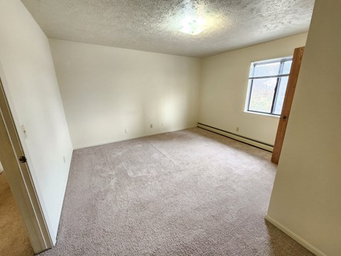 A room with a carpeted floor and a window.