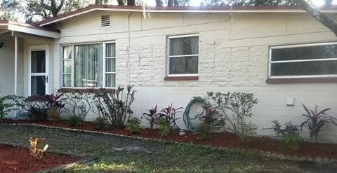 A white house with a red door and a small garden in front.