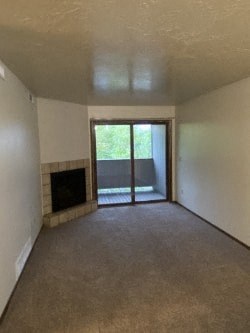 A room with a fireplace and sliding glass doors.