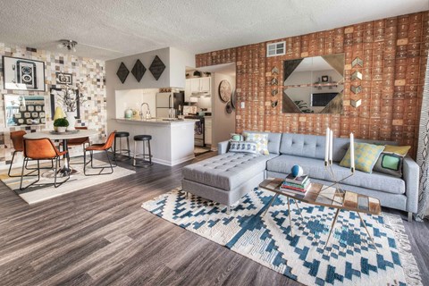 A living room with a grey couch and a patterned rug.
