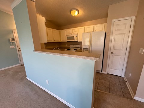 A kitchen with a white refrigerator and a countertop.