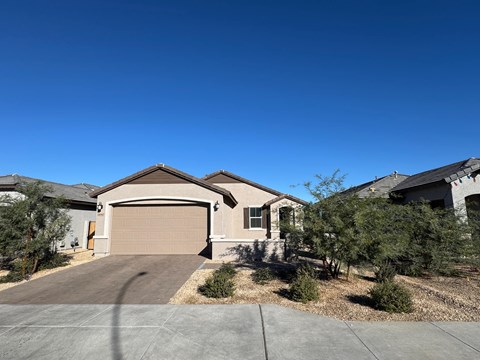 A house with a brown garage door is surrounded by trees and bushes.