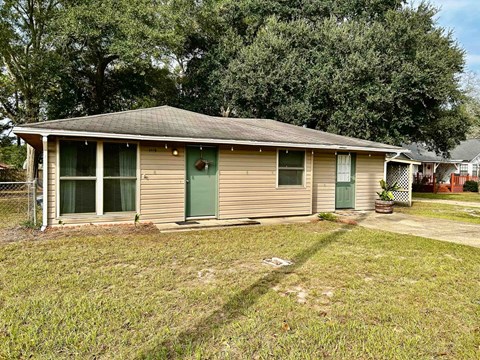 A small house with a green door and a brown roof.