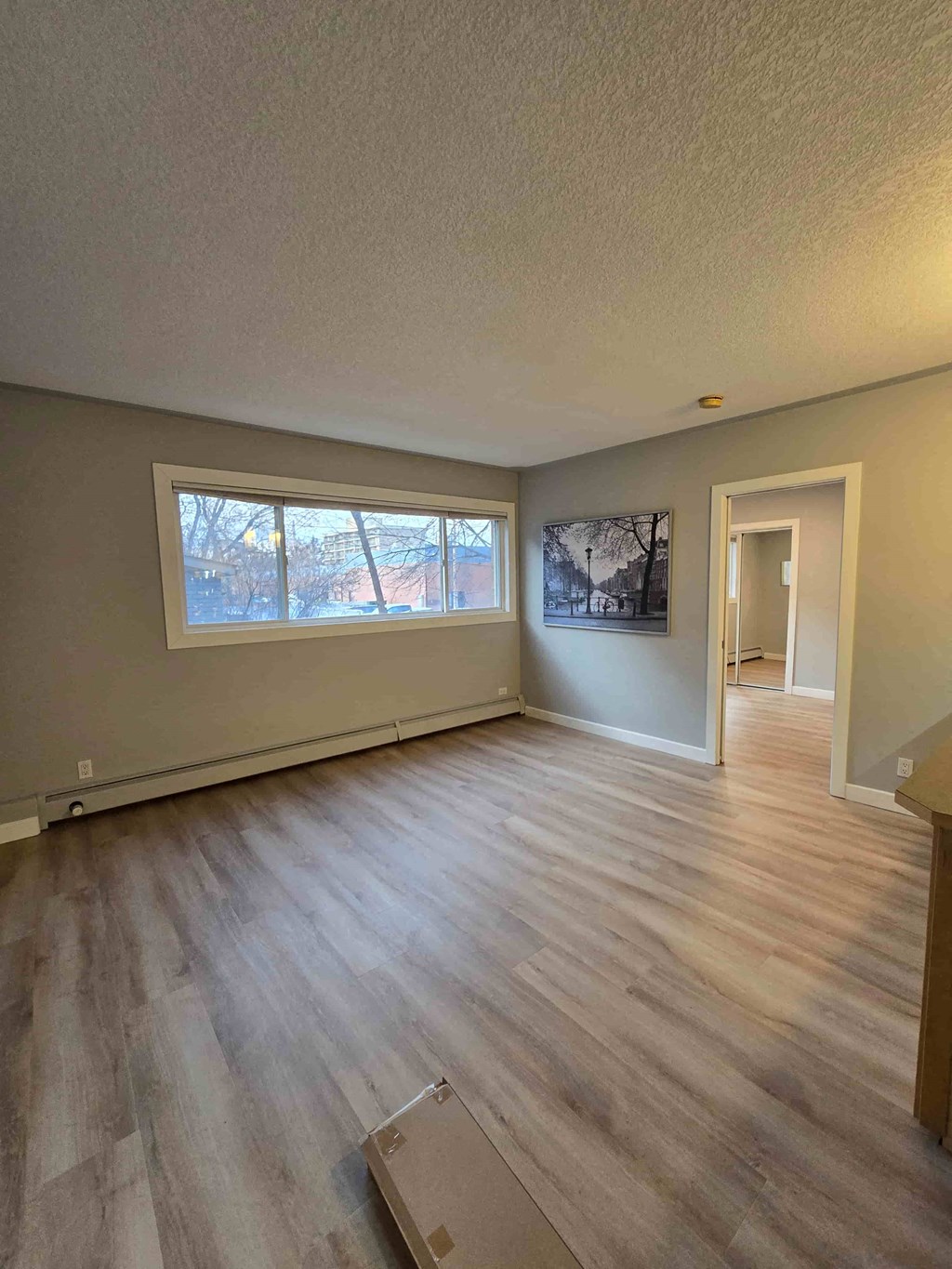 A room with wooden flooring and a window showing a view of trees and a building outside.