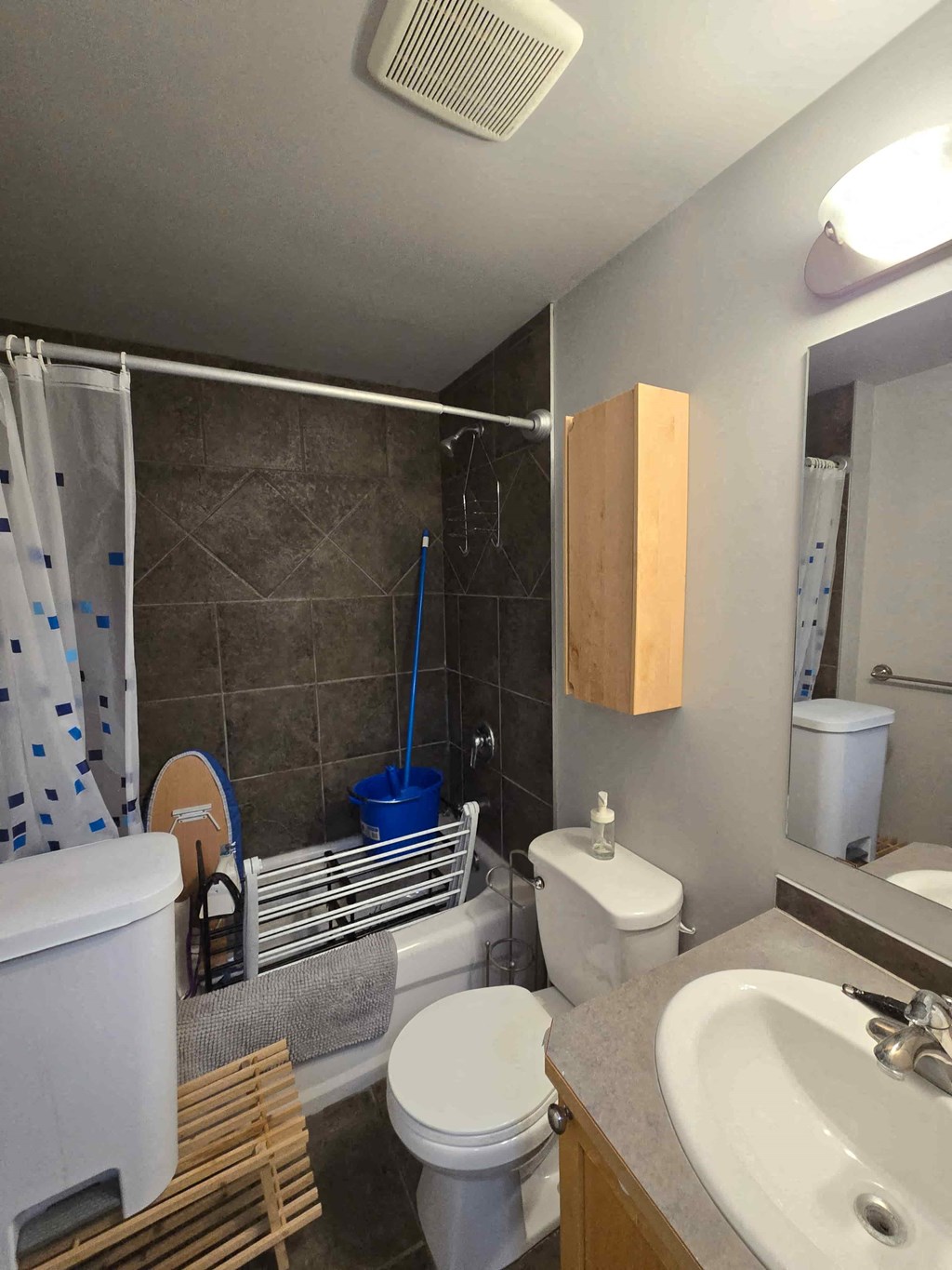 A bathroom with a toilet, sink, and shower.