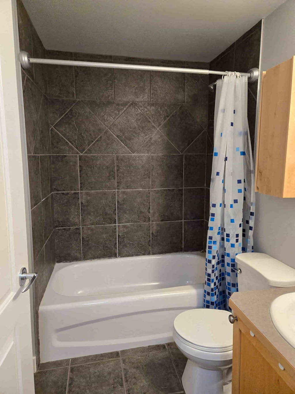 A bathroom with a white toilet, a bathtub, and a shower curtain.