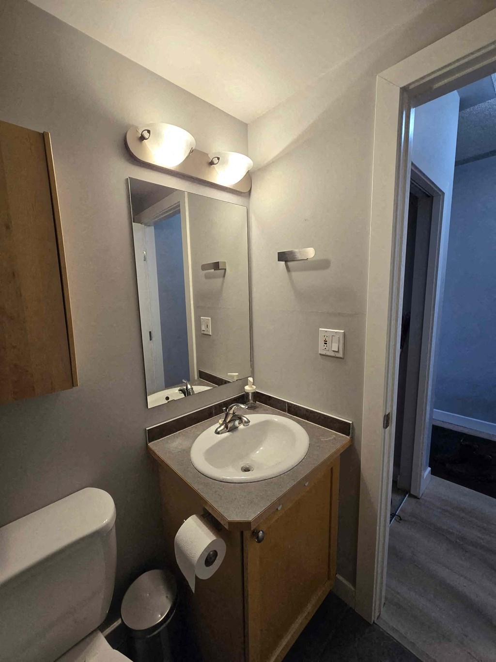 A bathroom with a sink, mirror, toilet and a door.