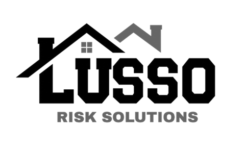 A black and white image of a house with the word "Lusso" and "Risk Solutions" written below it.