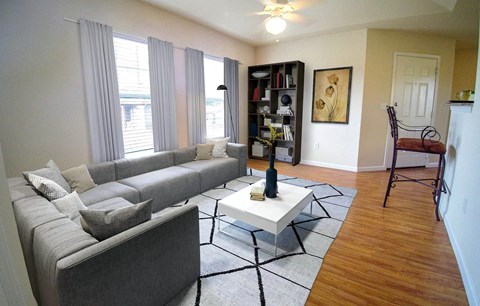 A living room with a grey couch, a white coffee table, and a black floor lamp.