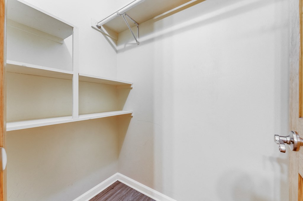 A white closet with shelves and a door.