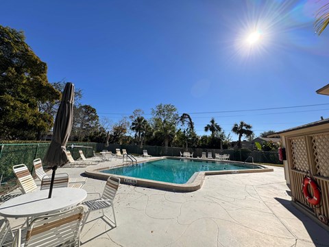 A sunny day at the pool with chairs and umbrellas.