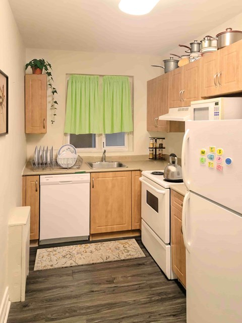 A kitchen with a white fridge and a white dishwasher.