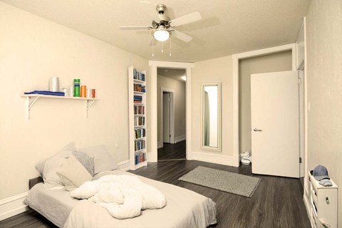 A bedroom with a bed, a ceiling fan, and a bookshelf.