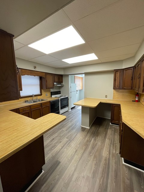 A kitchen with wooden cabinets and a counter.