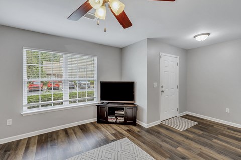 A room with a television and a fan.