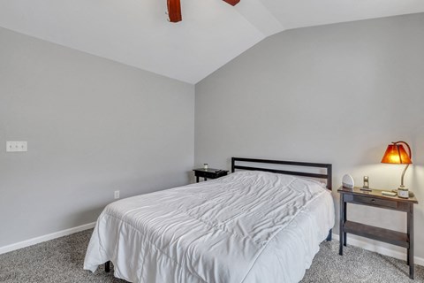 A bedroom with a bed, nightstand, and lamp.