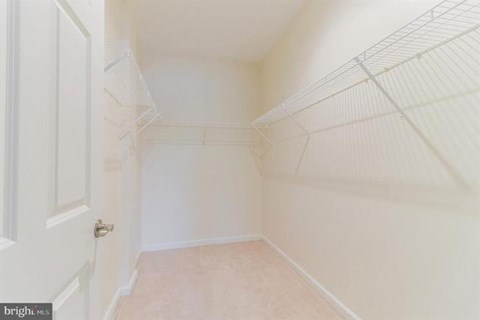 A white closet with a door and shelves.