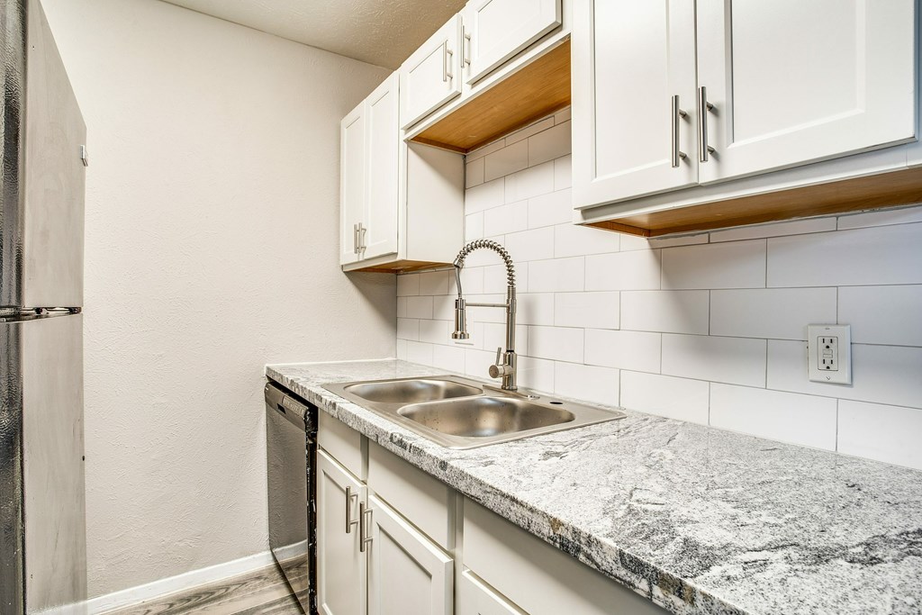 A kitchen with a sink and cabinets.