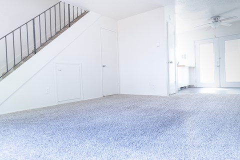 A room with a staircase and a carpet.