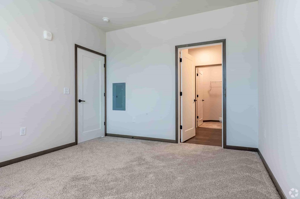 A room with a carpeted floor and two doors, one of which is open.