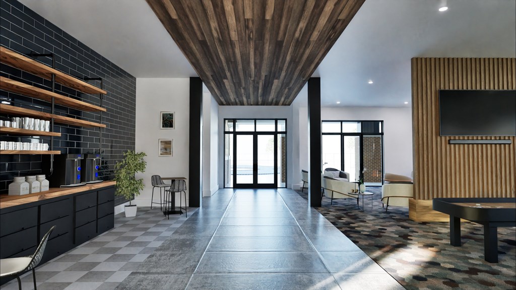 A modern kitchen with a black and white checkered floor.
