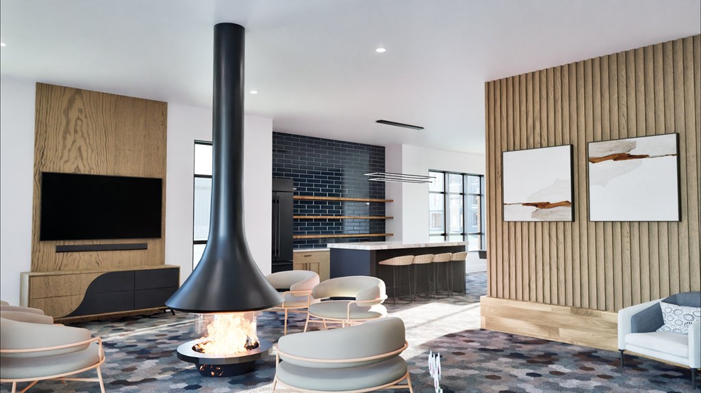 A modern living room with a fireplace and a TV.