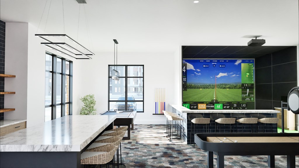 A modern room with a bar and a television displaying a golf game.