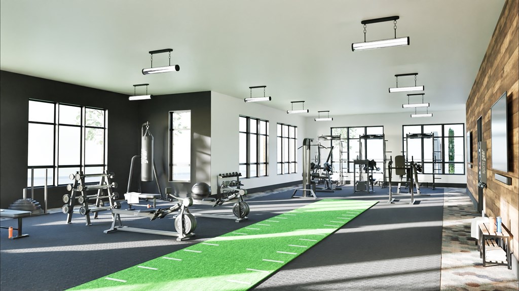 A gym with a green floor mat and various exercise equipment.
