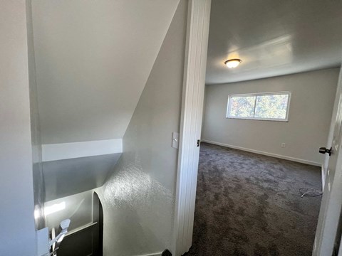 A room with a carpeted floor and a window.