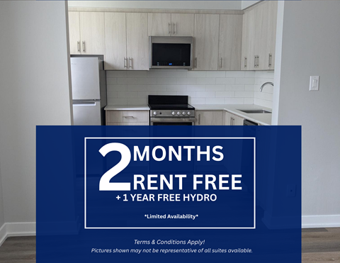 A kitchen with a sign offering 2 months rent free and 1 year free hydro.
