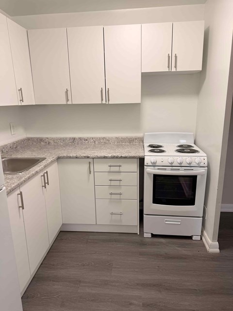 A white kitchen with a stove and sink.