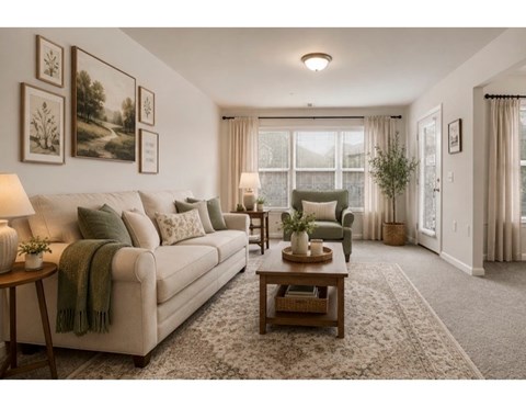 A living room with a couch, a chair, a table, and pictures on the wall.