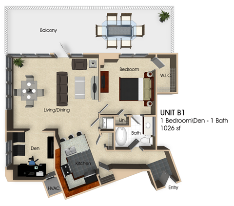 (B1) 1 Bedroom - 1 Bathroom with Den Floor plan at Aurora, North Bethesda, 20852