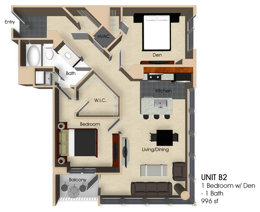 (B2) 1 Bedroom - 1 Bathroom with Den floor plan